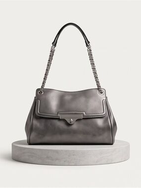 Nine West Metallic Silver Textured Chain Strap Structured Handbag
